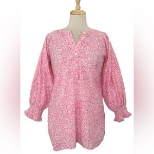 Madison Matthews pink floral cotton smocked top XS
